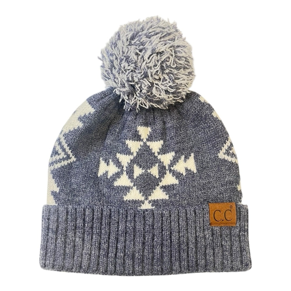 Calvin Klein C.C. Womens Winter Aztec Gray Knit Beanie Hat  Pom Pom One Size